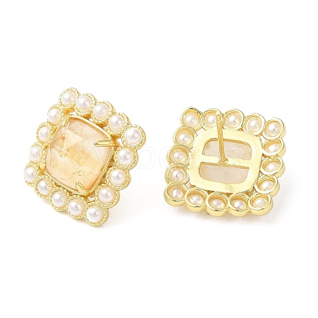 Ion Plating(IP) Natural Citrine Square Stud Earrings with Plastic Pearl Beaded EJEW-E599-03G-03-1