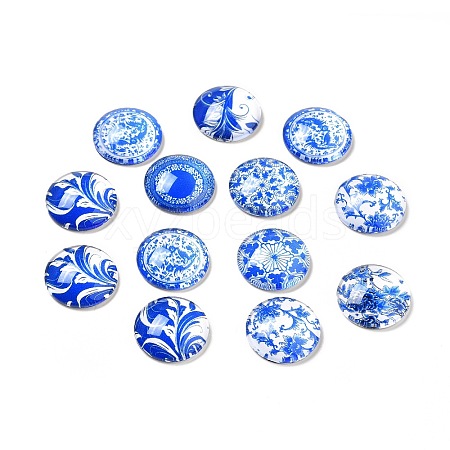 Blue and White Floral Printed Glass Cabochons GGLA-A002-18mm-XX-1