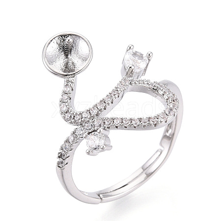 Curve Shape Brass Micro Pave Clear Cubic Zirconia Adjustable Ring Settings KK-T076-46P-1