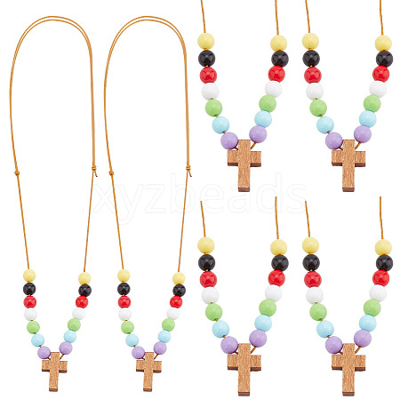 Wood Cross with Acrylic Beaded Pendant Necklaces for Women NJEW-AB00014-1