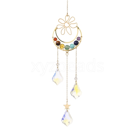 Chakra Natural & Synthetic Gemstone Beaded Wrapped Brass Moon Hanging Suncatchers HJEW-TA00287-1