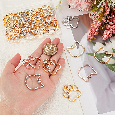32Pcs 8 Styles Cat Head Paw Print Alloy Open Back Bezel Charms PALLOY-OC0002-99-1
