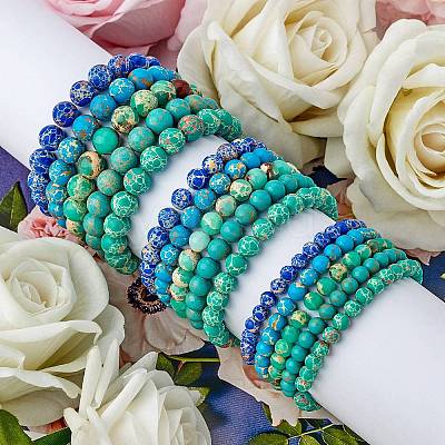 3Pcs 3 Size Synthetic Imperial Jasper Round Beaded Stretch Bracelets Set BJEW-SW00064-33-1