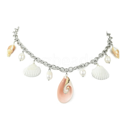 Natural Cultured Freshwater Pearl & Spiral Shell Bib Pendants X1-NJEW-TA00181-1
