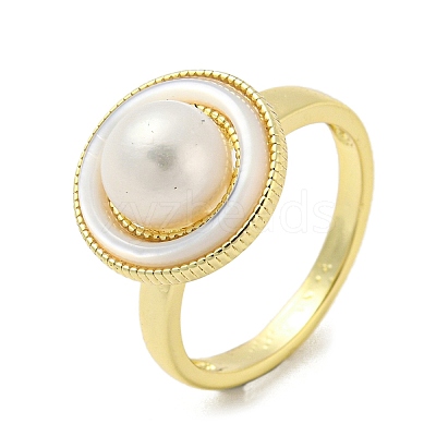 Natural Pear & Shell Flat Round Open Cuff Ring RJEW-H220-23G-1