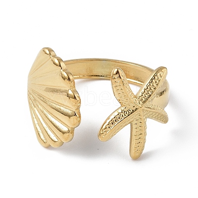 Ion Plating(IP) 304 Stainless Steel Shell with Starfish Open Cuff Ring for Women X-RJEW-C046-03G-1