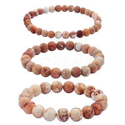 3Pcs 3 Size Natural Imperial Jasper Round Beaded Stretch Bracelets Set BJEW-SW00064-29-1
