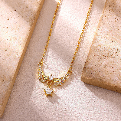 304 Stainless Steel Pave Clear Cubic Zirconia Angel Wings Pendant Necklaces for Women WG752E1-01-1