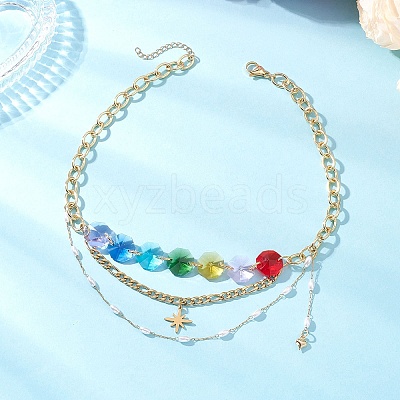Star Pendant Chakra Octagon Glass Beaded 304 Stainless Steel Figaro Chain Bib Necklaces for Women NJEW-JN05533-1
