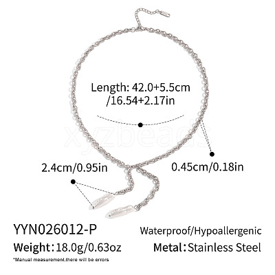 304 Stainless Steel Textured Cable Chain Faux Pearl Bar Tassel Pendant Necklaces for Women YV1047-2-1