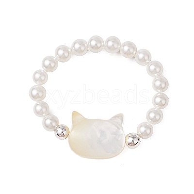Cat Shaped Natural White Shell Beaded Stretch Finger Rings RJEW-TA00175-1