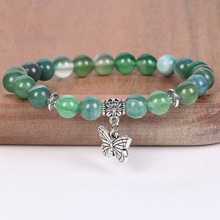 8MM Round Natural Green Banded Agate(Dyed & Heated) Beaded Stretch Bracelets with Alloy Butterfly Charms FQ7211-24-1