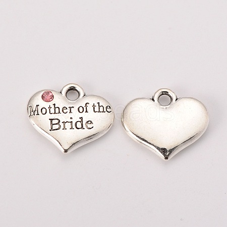 Wedding Theme Antique Silver Tone Tibetan Style Alloy Heart with Mother of the Bride Rhinestone Charms LS-TIBEP-N005-18A-1