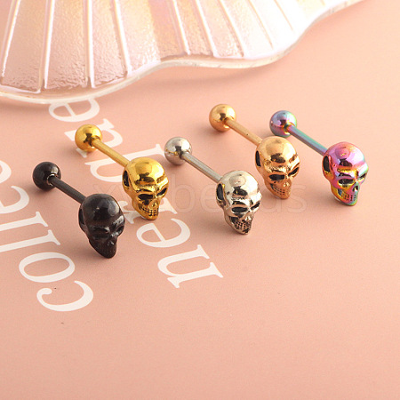 Skull 304 Stainless Steel Straight Barbell 15 Gauge Piercing Tongue Rings for Women Men FS-WG07D05-01-1
