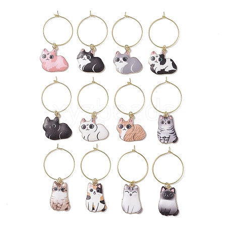 12pcs Cat Alloy Pendants Wine Glass Charms Sets AJEW-JO00251-1