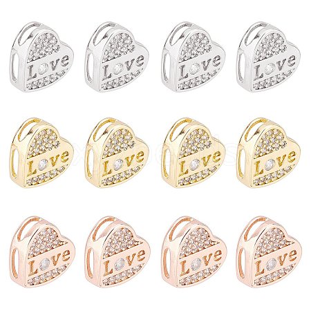 SUPERFINDINGS 12Pcs 3 Colors Brass Micro Pave Clear Cubic Zirconia Slide Charms KK-FH0002-83-1