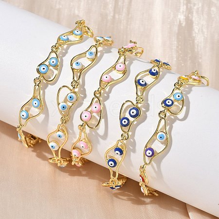 Brass Enamel Flat Round Evil Eye Link Chain Bracelets for Women BJEW-G764-01G-1
