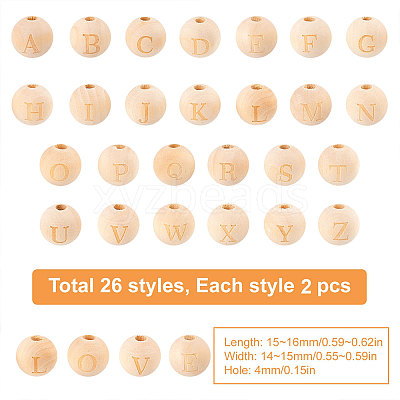 52 Pcs 26 Styles Unfinished Natural Wood European Beads WOOD-SC0001-32-1