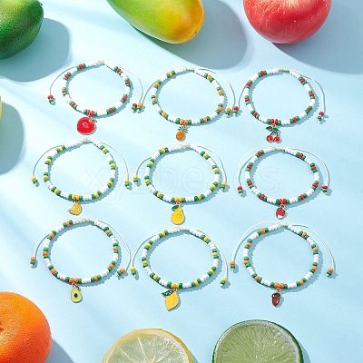 9Pcs Fruit Theme Alloy Enamel Charm Bracelets BJEW-MZ00206-1