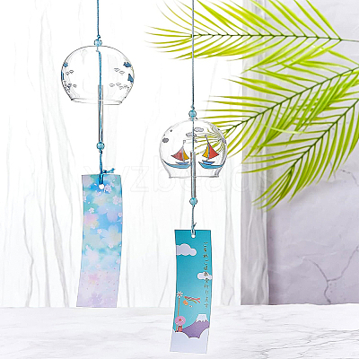 2Pcs 2 Styles Round with Boat & Bird Pattern Glass Wind Chime HJEW-BC0001-10-1