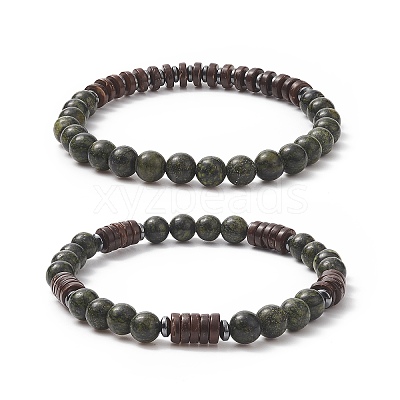 Natural Serpentine & Synthetic Non-magnetic Hematite Beads Energy Stretch Bracelets Set BJEW-JB07142-05-1