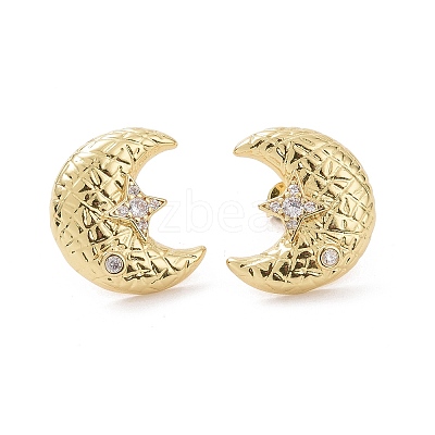 Clear Cubic Zirconia Moon with Star Stud Earrings EJEW-G339-07G-1