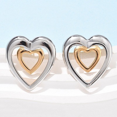 304 Stainless Steel Two Tone Heart Stud Earrings EJEW-C142-14PG-1