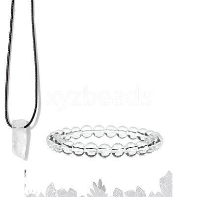 Natural Quartz Crystal Beads Stretch Bracelets & Pendant Necklaces Sets for Men PW-WGF85DB-06-1