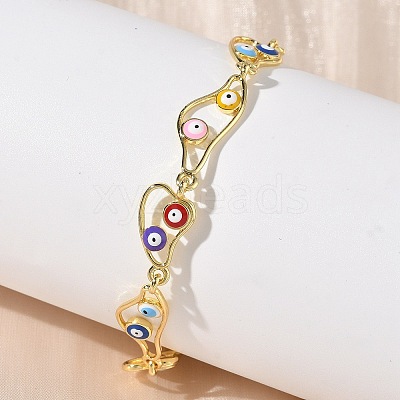 Brass Enamel Flat Round Evil Eye Link Chain Bracelets for Women BJEW-G764-01G-1