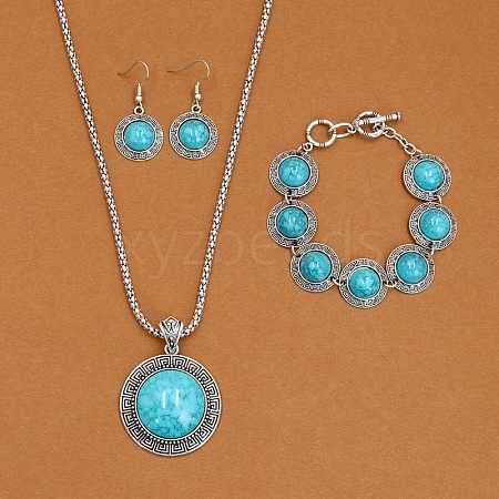 Flat Round Alloy with Synthetic Turquoise Pendant Necklaces & Dangle Earrings & Link Bracelets Sets WGD1135-05-1