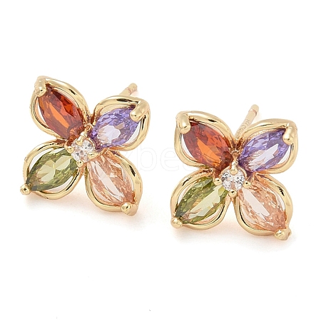 Rack Plating Flower Brass Cubic Zirconia Stud Earrings EJEW-M090-13G-04-1