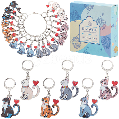 24Pcs 6 Colors Cat Alloy Enamel Pendant Locking Stitch Markers HJEW-SC00114-1