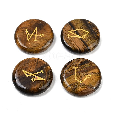 4Pcs 4 Styles Natural Tiger Eye Flat Round with Angels Symbol Display Decorations G-R007-01D-1