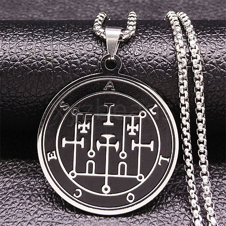 201 Stainless Steel Black Enamel Flat Round Sigil Pendant Necklaces NJEW-H065-03P-1