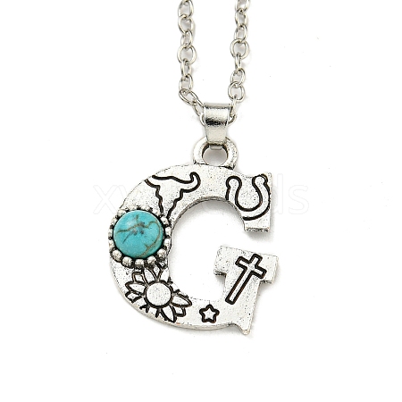 Letter A~Z Antique Silver Plated Alloy with Synthetic Turquoise Pendant Necklaces NJEW-G080-01G-1