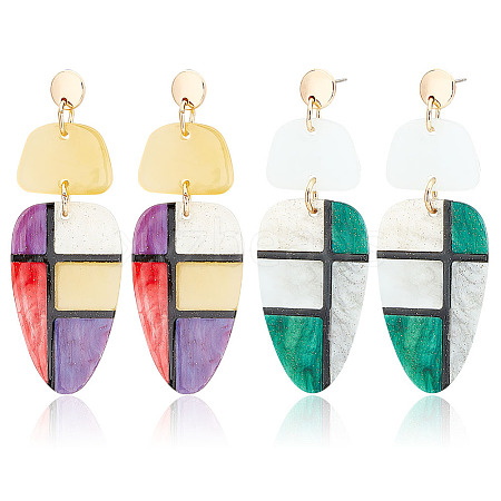 FIBLOOM 2 Pairs 2 Colors Acrylic Feather with Tartan Dangle Stud Earrings EJEW-FI0001-25-1