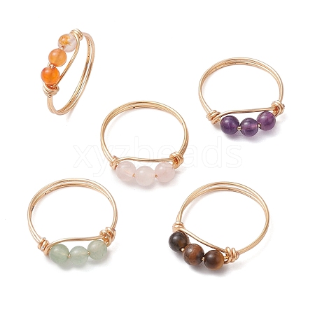 Copper Wire Wrapped Natural Gemstone Round Beaded Finger Rings for Women RJEW-JR00736-1