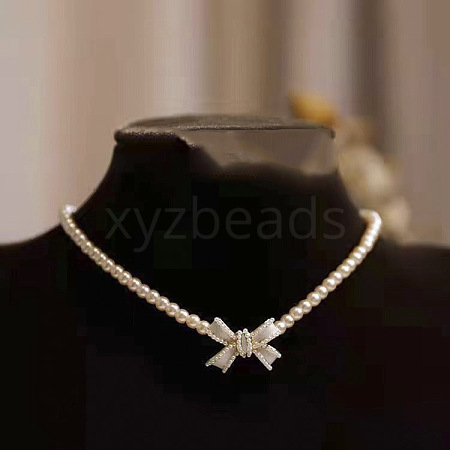 Metal Bowknot Plastic Imitation Pearl Round Beaded Pendant Necklaces for Women WGC8EC3-01-1