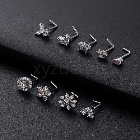 316L Surgical Stainless Steel White Cubic Zirconia L-Shaped Nose Rings WG135CD-18-1