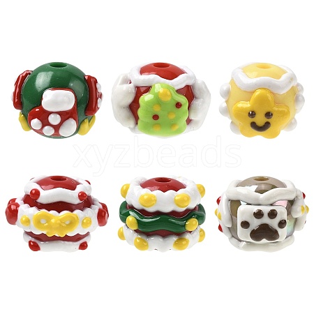 6Pcs 6 Styles Christmas Hand Painted Acrylic with Enamel Beads MACR-FS0002-42-1