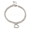 304 Stainless Steel Heart Charm Bracelet with 201 Stainless Steel Round Beads for Women BJEW-B057-12P-1