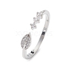 Clear Cubic Zirconia Leaf Open Cuff Ring RJEW-C056-03P-1