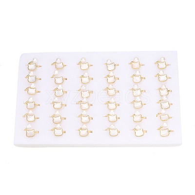 Brass & Natural Pearls Adjustable Open Cuff Rings for Women PEAR-N020-07J-1