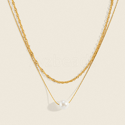 304 Stainless Steel Double Layer Necklaces with White Round Faux Pearl Pendants for Women KQ2558-1