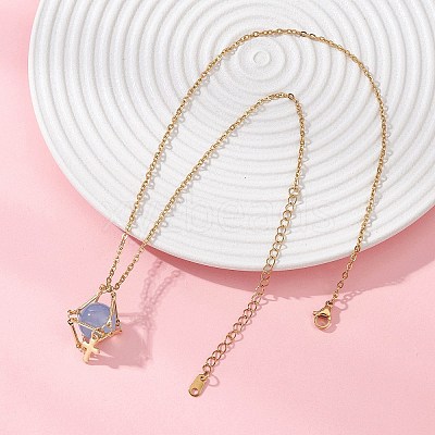 Brass Macrame Pouch Dyed Natural Blue Agate Inside & 304 Stainless Steel Pendant Necklaces for Women NJEW-JN05607-01-1