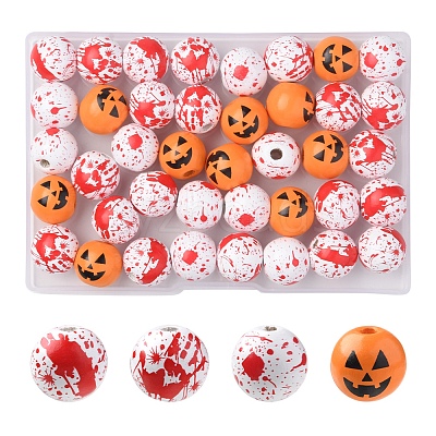 40Pcs 4 Colors Halloween Theme Printed Natural Wooden Beads WOOD-FS0001-03-1