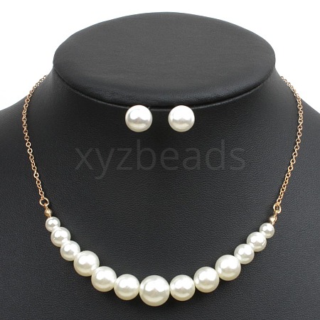 Alloy with ABS Plastic Pearl Round Beaded Necklaces & Stud Earrings Sets for Women WG13E8D-01-1