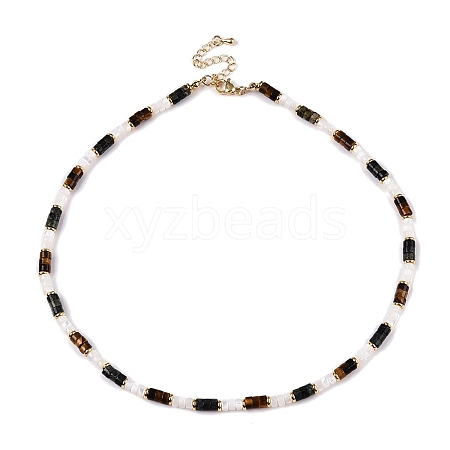 Column Natural Tiger Eyes & Kambaba Jasper & White Shell Beaded Necklaces for Women NJEW-T017-01G-1