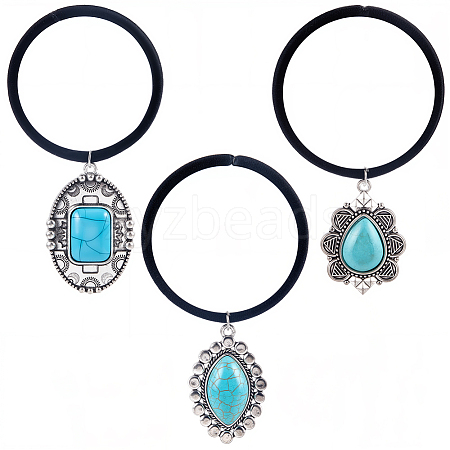 3Pcs 3 Styles Rubber & Synthetic Turquoise Elastic Hair Accessories AJEW-CY0001-75-1