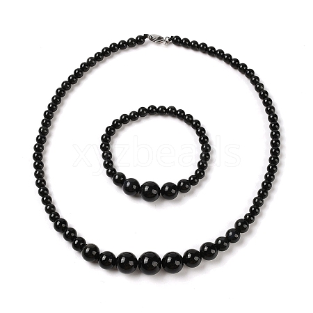 Natural Obsidian Round Beads Bracelets & Necklaces Sets SJEW-L132-15-1